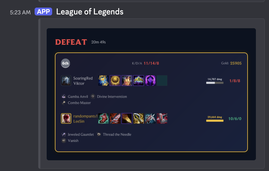 Arena mode match notification in Discord showing detailed stats for all 16 players